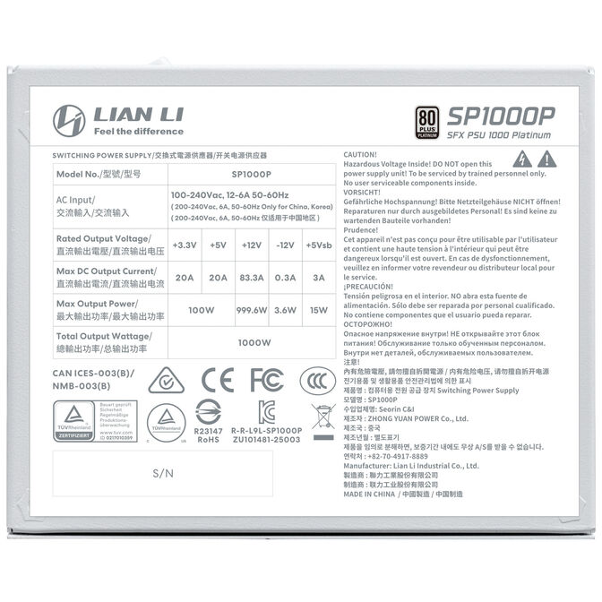 Fonte Modular Lian Li SFX SP 1000W 80+ Platinum Branco image number 5
