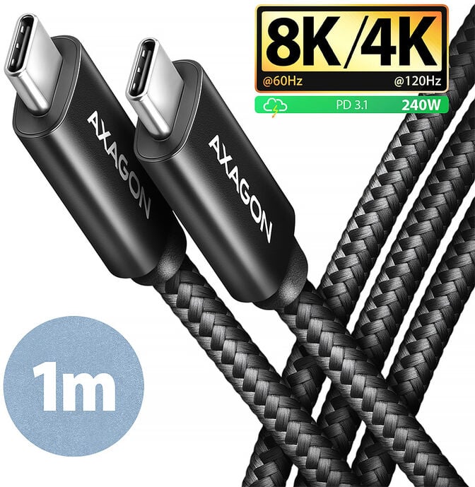 Cabo de carregamento AXAGON BUCM4X-CM10AB USB-C <-> USB-C, USB4 Gen 3&times;2, 1m, PD 240W, 8K HD, ALU, braid, Preto image number 0